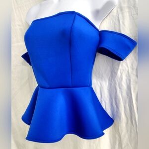 Guess Los Angeles Peplum Strapless Off Sholder Electric Blue Top NWT